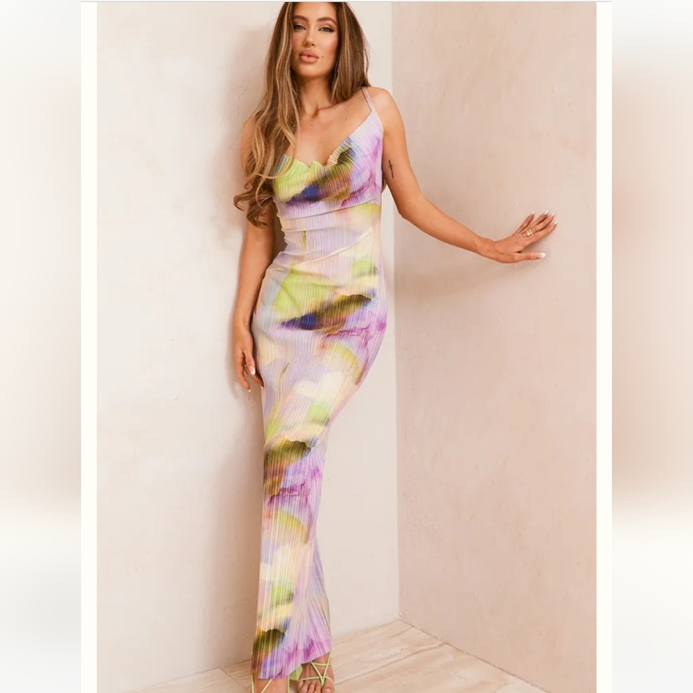 PrettyLittleThing Pastel Tie-Dye Cowl Neck Maxi Dress
